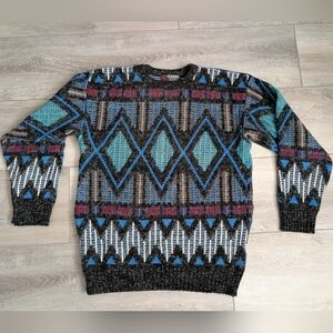 VTG Large Sweater Scandia Argyle Knit 80s Black Multi Fuzzy Warm Cozy Party